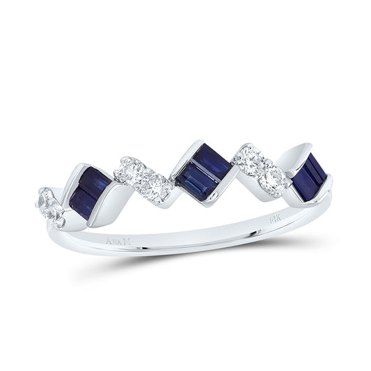 14K White Gold 1/5 Ctw Diamond 1/2 Ctw Baguette Blue Sapphire Natural Gem Ring, Womens Size: 5-9
