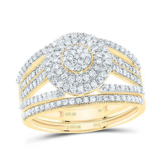 10K Yellow or White Gold 5/8 Ctw Natural Diamond Round Double Halo Bridal Set, Womens Size: 5-9
