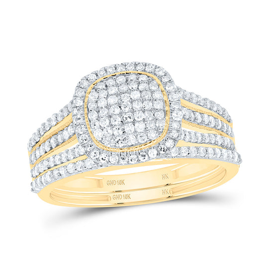 10K Yellow or White Gold 5/8 Ctw Natural Diamond Cushion Single Halo Bridal Set, Womens Size: 5-9