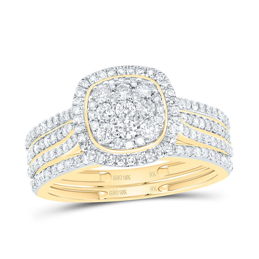 10K Yellow or White Gold 3/4 Ctw Natural Diamond Cushion Single Halo Bridal Set, Womens Size: 5-9