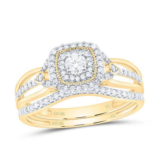 10K Yellow or White Gold 1/2 Ctw Natural Diamond Cushion Double Halo Bridal Set, Womens Size: 5-9