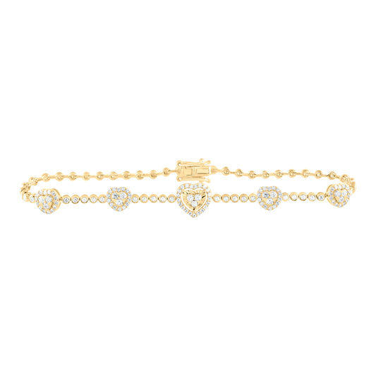 14K Yellow or White Gold 1 Ctw Natural Diamond Fashion Heart Bracelet (7 Inch)
