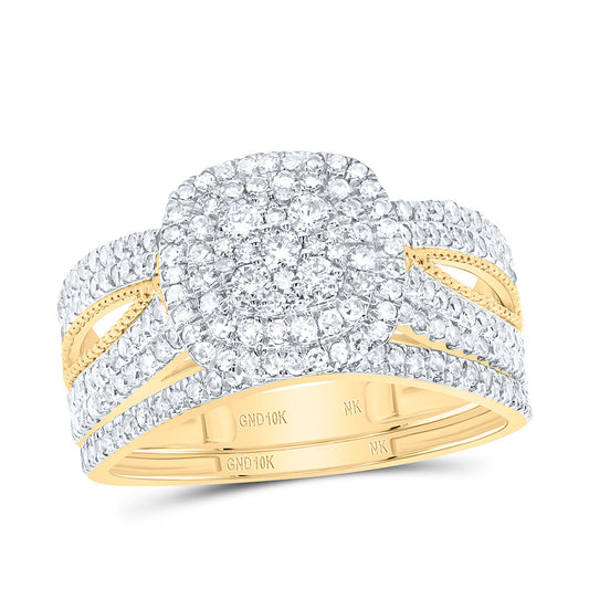 10K Yellow or White Gold 7/8 Ctw Natural Diamond Cushion Double Halo Bridal Set, Womens Size: 5-9