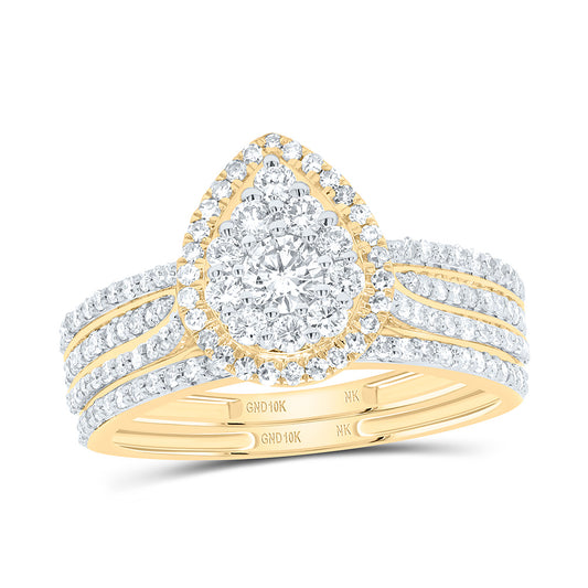 10K Yellow or White Gold 7/8 Ctw Natural Diamond Pear Single Halo Bridal Set, Womens Size: 5-9