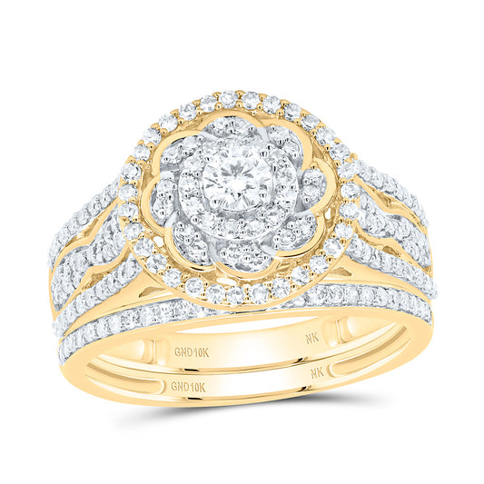 10K Yellow or White Gold 7/8 Ctw Natural Diamond Round Single Halo Flower Bridal Set, Womens Size: 5-9
