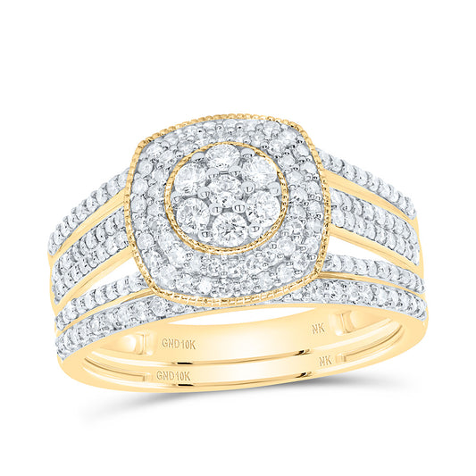 10K Yellow or White Gold 3/4 Ctw Natural Diamond Cushion Double Halo Bridal Set, Womens Size: 5-9