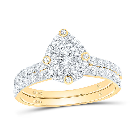 10K Yellow or White Gold 3/4 Ctw Natural Diamond Pear Double Halo Bridal Set, Womens Size: 5-9