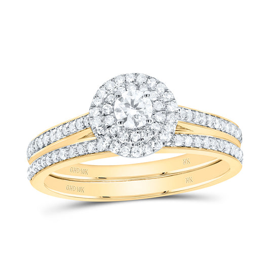10K Yellow or White Gold 1/2 Ctw Natural Diamond Round Double Halo Bridal Set, Womens Size: 5-9