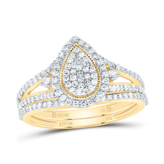 10K Yellow or White Gold 5/8 Ctw Natural Diamond Pear Single Halo Bridal Set, Womens Size: 5-9