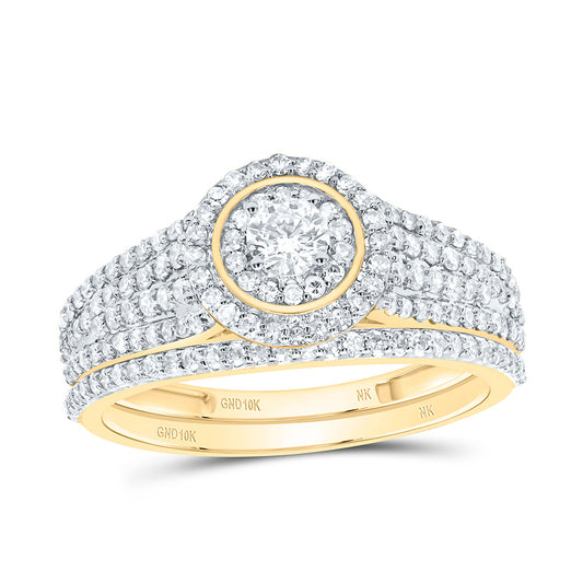 10K Yellow or White Gold 3/4 Ctw Natural Diamond Round Double Halo Bridal Set, Womens Size: 5-9