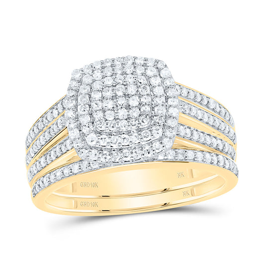 10K Yellow or White Gold 5/8 Ctw Natural Diamond Cushion Double Halo Bridal Set, Womens Size: 5-9