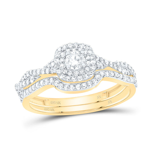 10K Yellow or White Gold 5/8 Ctw Natural Diamond Cushion Double Halo Bridal Set, Womens Size: 5-9