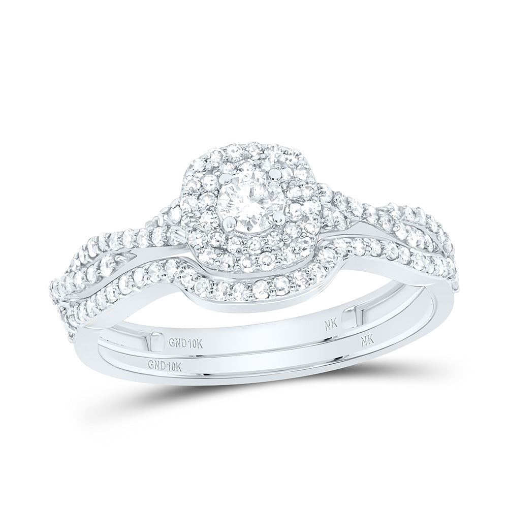10K Yellow or White Gold 5/8 Ctw Natural Diamond Cushion Double Halo Bridal Set, Womens Size: 5-9