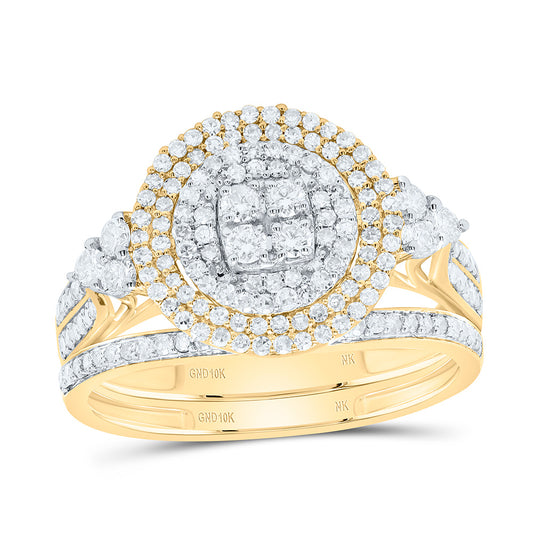 10K Yellow or White Gold 3/4 Ctw Natural Diamond Round Double Halo Bridal Set, Womens Size: 5-9