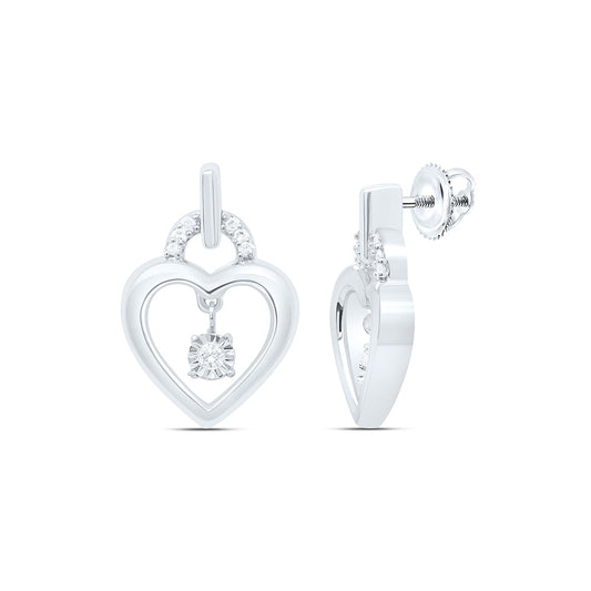 Sterling Silver White-Tone 1/12 Ctw Natural Diamond Heart Earring