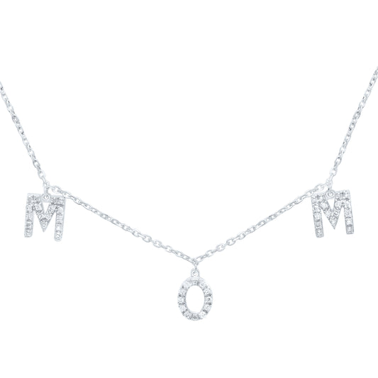 Sterling Silver White-Tone 1/10 Ctw Natural Diamond "Mom" Necklace (18 Inch)