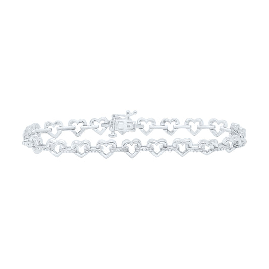 Sterling Silver White-Tone 1/10 Ctw Natural Diamond Heart Bracelet (7 Inch)