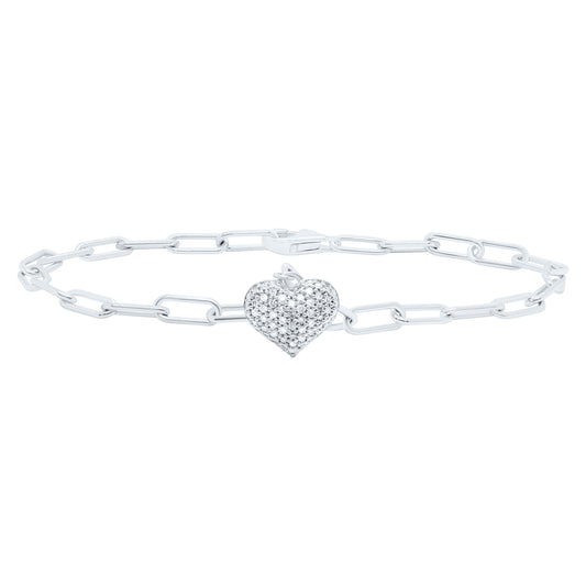 Sterling Silver White-Tone 1/5 Ctw Natural Diamond Heart Bracelet (7 Inch)
