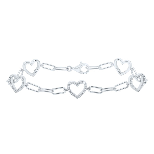 Sterling Silver White-Tone 1/6 Ctw Natural Diamond Heart Bracelet (7 Inch)