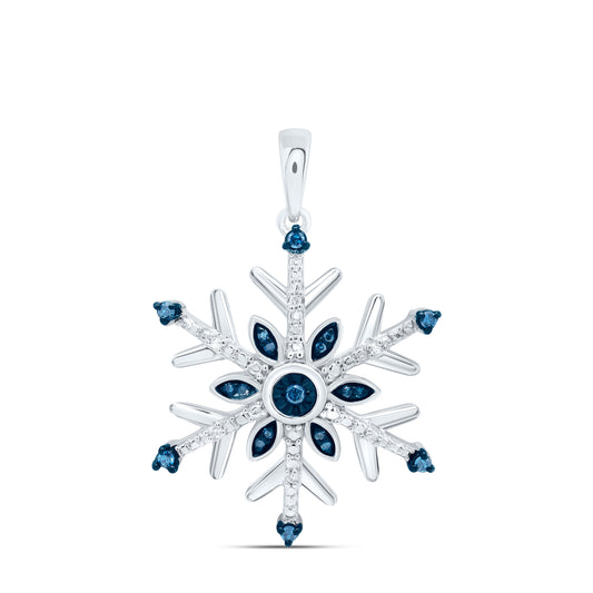 Sterling Silver White-Tone 1/10 Ctw Natural Diamond Blue Dia Snowflake Pendant