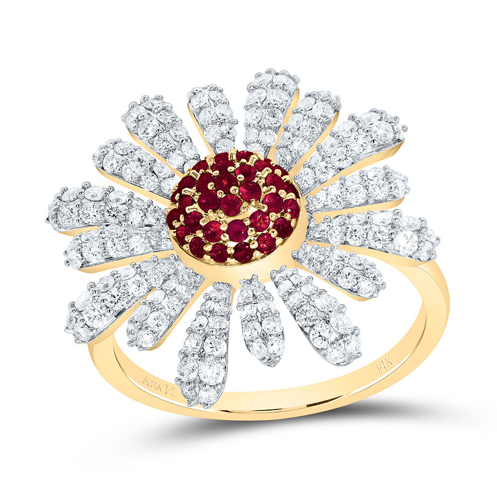 14K Yellow or White Gold 1 Ctw Diamond Round Natural Gem Flower Ring, Womens Size: 5-9