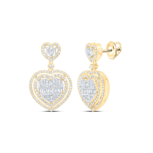 14K Yellow or White Gold 1 Ctw Natural Diamond Fashion Heart Baguette Dangling Earring