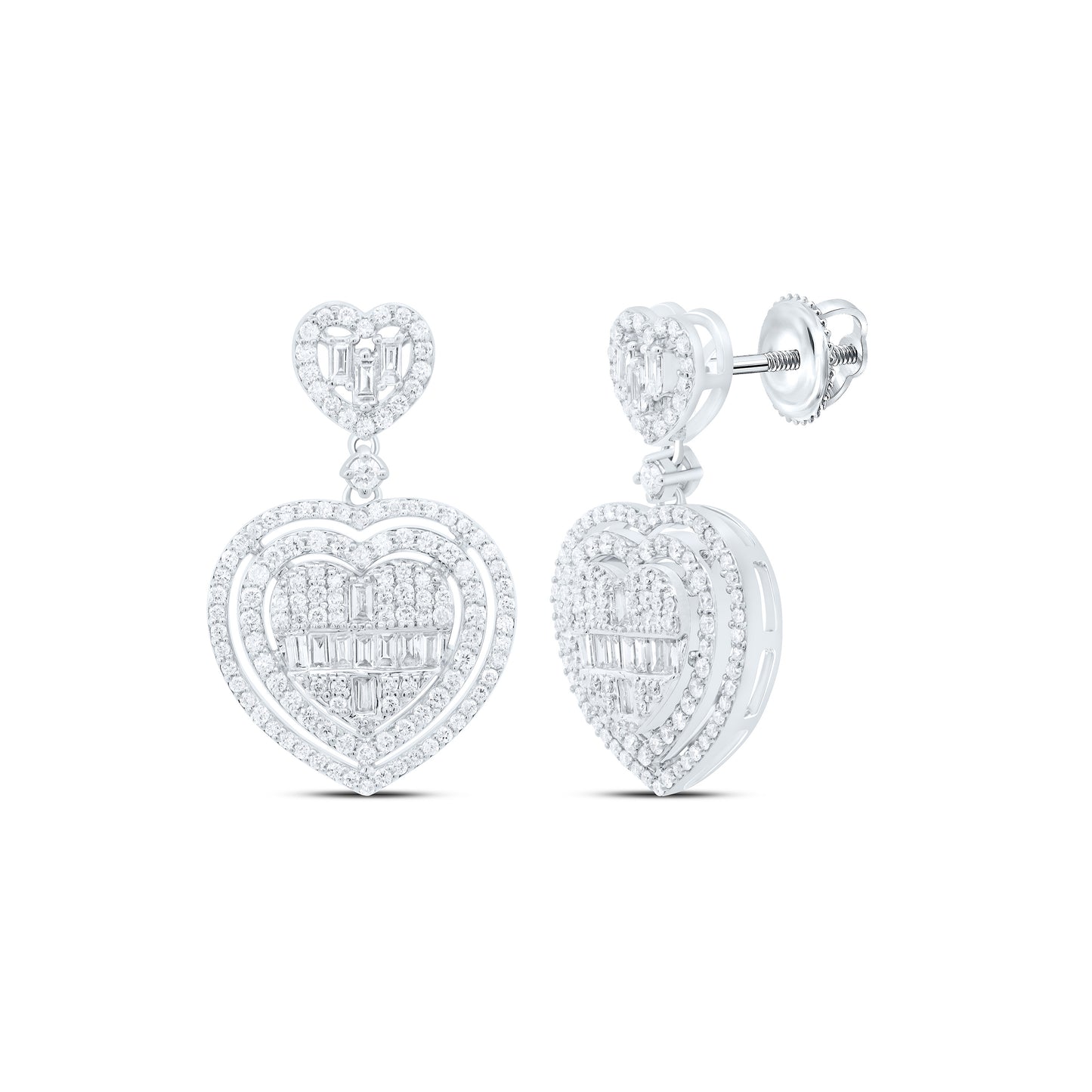 14K Yellow or White Gold 1 Ctw Natural Diamond Fashion Heart Baguette Dangling Earring
