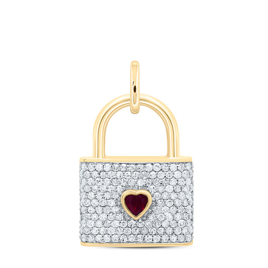 10K Yellow or White Gold 1/2 Ctw Diamond 3.00MM Ruby Natural Gem Heart Lock Pendant