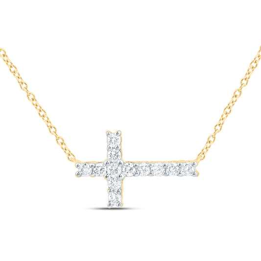 10K Yellow or White Gold 1/4 Ctw Natural Diamond Fashion Cross Necklace (18 Inch)