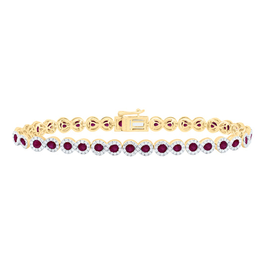 14K Yellow Gold 1 3/8 Ctw Diamond 3 1/2 Ctw Round Ruby Natural Gem Bracelet (7 Inch)