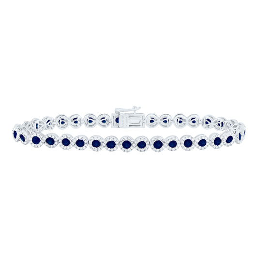 14K White Gold 1 3/8 Ctw Diamond 3 Ctw Round Blue Sapphire Natural Gem Bracelet (7 Inch)