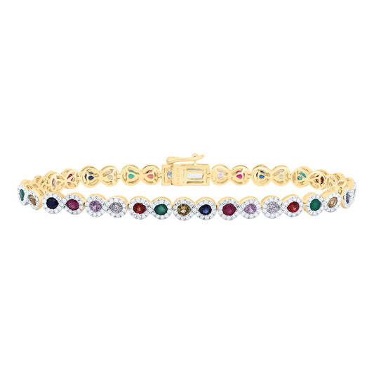14K Yellow Gold 1 7/8 Ctw Diamond 2 3/4 Ctw Round Natural Gem Multi Clr Sapphire Bracelet (7 Inch)