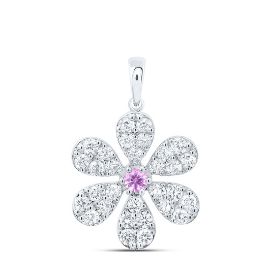 14K White or Rose Gold 1 Ctw Diamond 3MM Round Pink Sapphire Natural Gem Flower Pendant