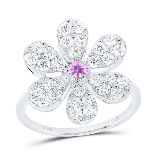 14K White or Rose Gold 1 Ctw Diamond 3MM Round Pink Sapphire Natural Gem Flower Ring, Womens Size: 5-9