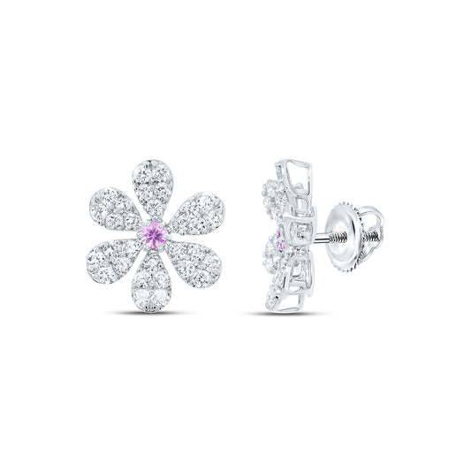 14K White or Rose Gold 1 1/3 Ctw Diamond 2.6MM Round Pink Sapphire Natural Gem Flower Earring