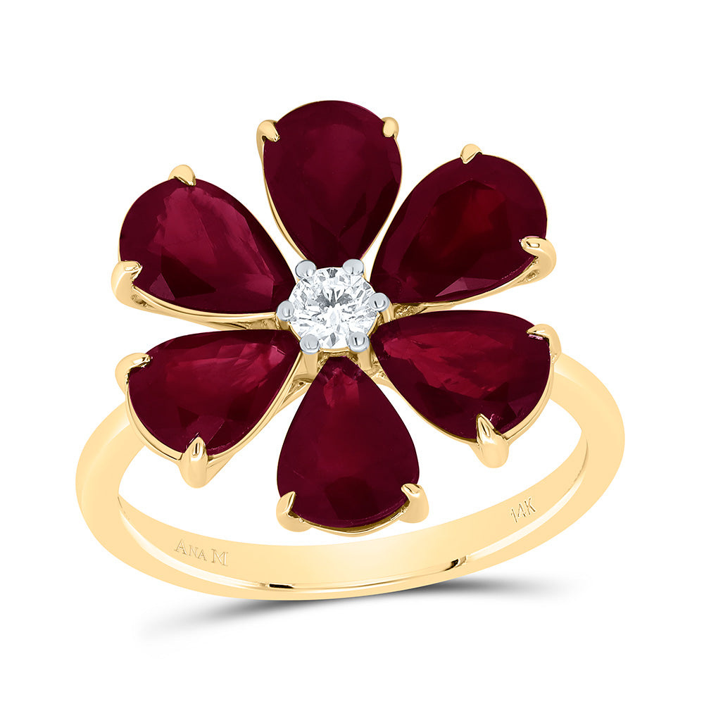14K Yellow or White Gold 1/8 Ctw Diamond Pear Natural Gem Flower Ring, Womens Size: 5-9