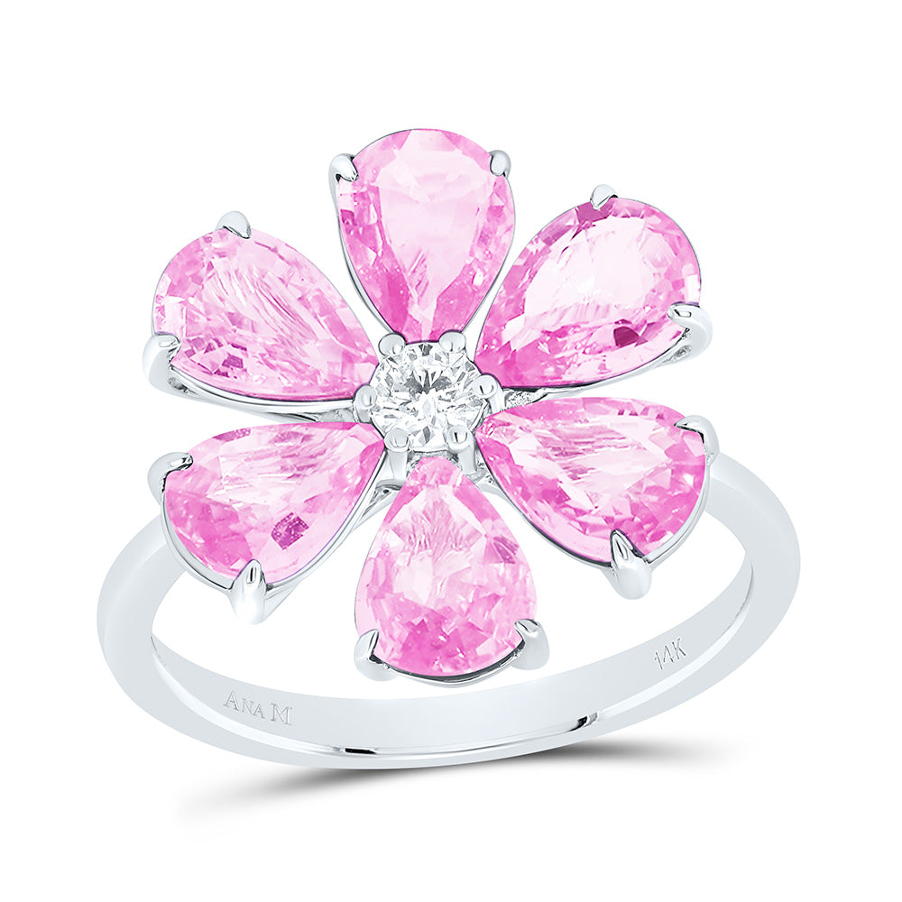 14K White Gold 1/8Cttw Natural Diamond 4 Cttw Pear Pink Sapphire Flower Ring