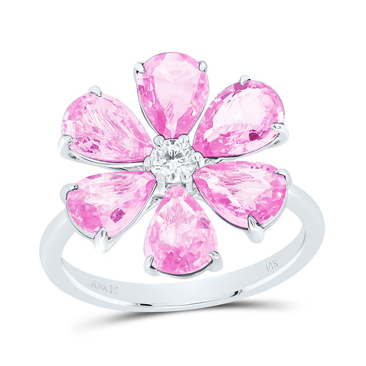 14K White Gold 1/8Cttw Natural Diamond 4 Cttw Pear Pink Sapphire Flower Ring