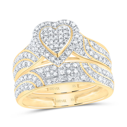 14K Yellow Gold 5/8 Ctw Natural Diamond Fashion Heart Trio Set, Womens Size: 5-9, Mens Size: 8-12