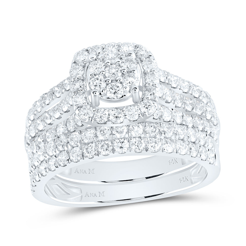 14K White Gold 2 1/4 Cttw Natural Diamond Ana M Cushion Bridal Anniversary Wedding Engagement Band Ring Trio Set