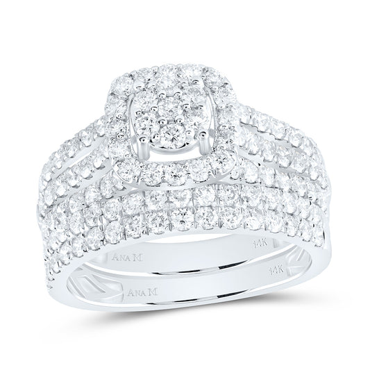 14K White Gold 2 1/4 Cttw Natural Diamond Ana M Cushion Bridal Anniversary Wedding Engagement Band Ring Trio Set