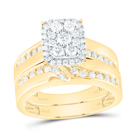 14K Yellow Gold 1 Cttw Natural Diamond Ana M Square Bridal Anniversary Wedding Engagement Band Ring Trio Set