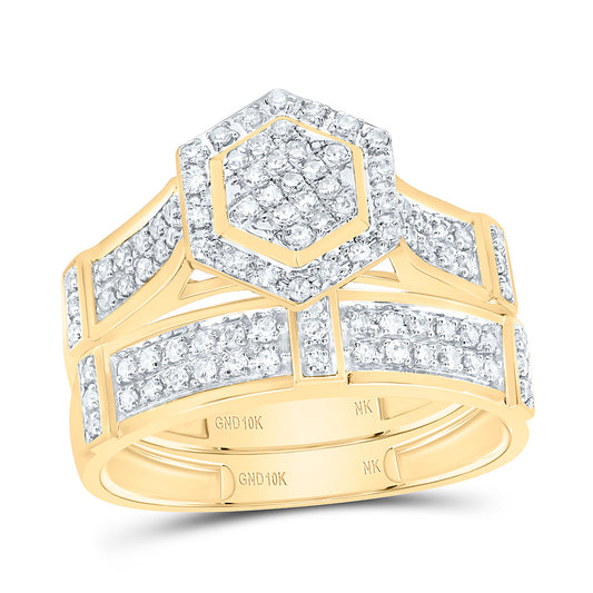 10K Yellow or White Gold 1/2 Ctw Natural Diamond Fashion Hexagonal Trio Set, Womens Size: 5-9, Mens Size: 8-12