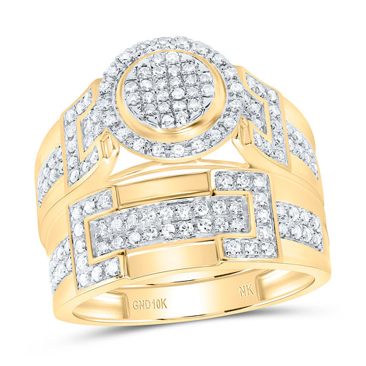 10K Yellow or White Gold 3/4 Ctw Natural Diamond Fashion Round Trio Set, Womens Size: 5-9, Mens Size: 8-12