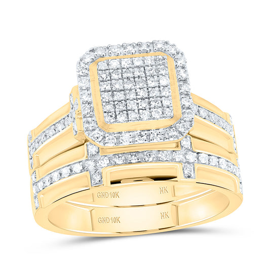 10K Yellow or White Gold 5/8 Ctw Natural Diamond Fashion Square Trio Set, Womens Size: 5-9, Mens Size: 8-12