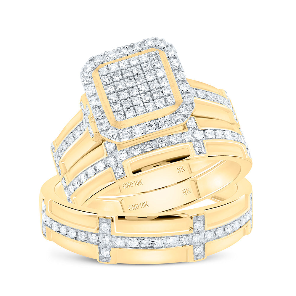 10K Yellow or White Gold 5/8 Ctw Natural Diamond Fashion Square Trio Set, Womens Size: 5-9, Mens Size: 8-12