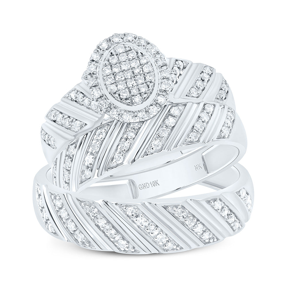10K Yellow or White Gold 3/8 Ctw Natural Diamond Fashion Oval Trio Set, Womens Size: 5-9, Mens Size: 8-12