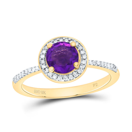 10K Yellow or White Gold 1/8 Ctw Natural Diamond 6MM Round Amethyst Synthetic Ring, Womens Size: 5-9