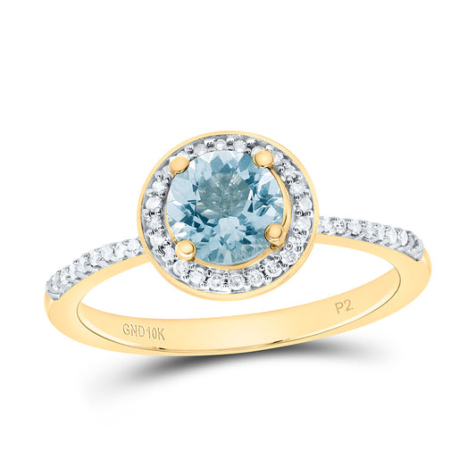10K Yellow or White Gold 1/8 Ctw Natural Diamond 6MM Round Aquamarine Synthetic Ring, Womens Size: 5-9