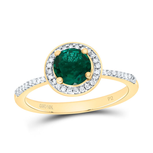 10K Yellow or White Gold 1/8 Ctw Natural Diamond 6MM Round Emerald Synthetic Ring, Womens Size: 5-9